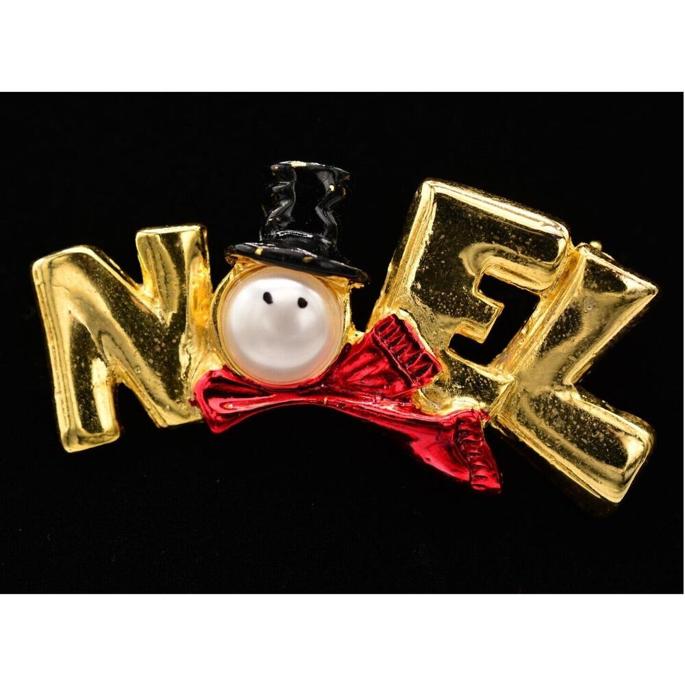 Vintage Christmas Pin Brooch Noel Snowman Red Enamel Black Gold Tone NOS BinA12